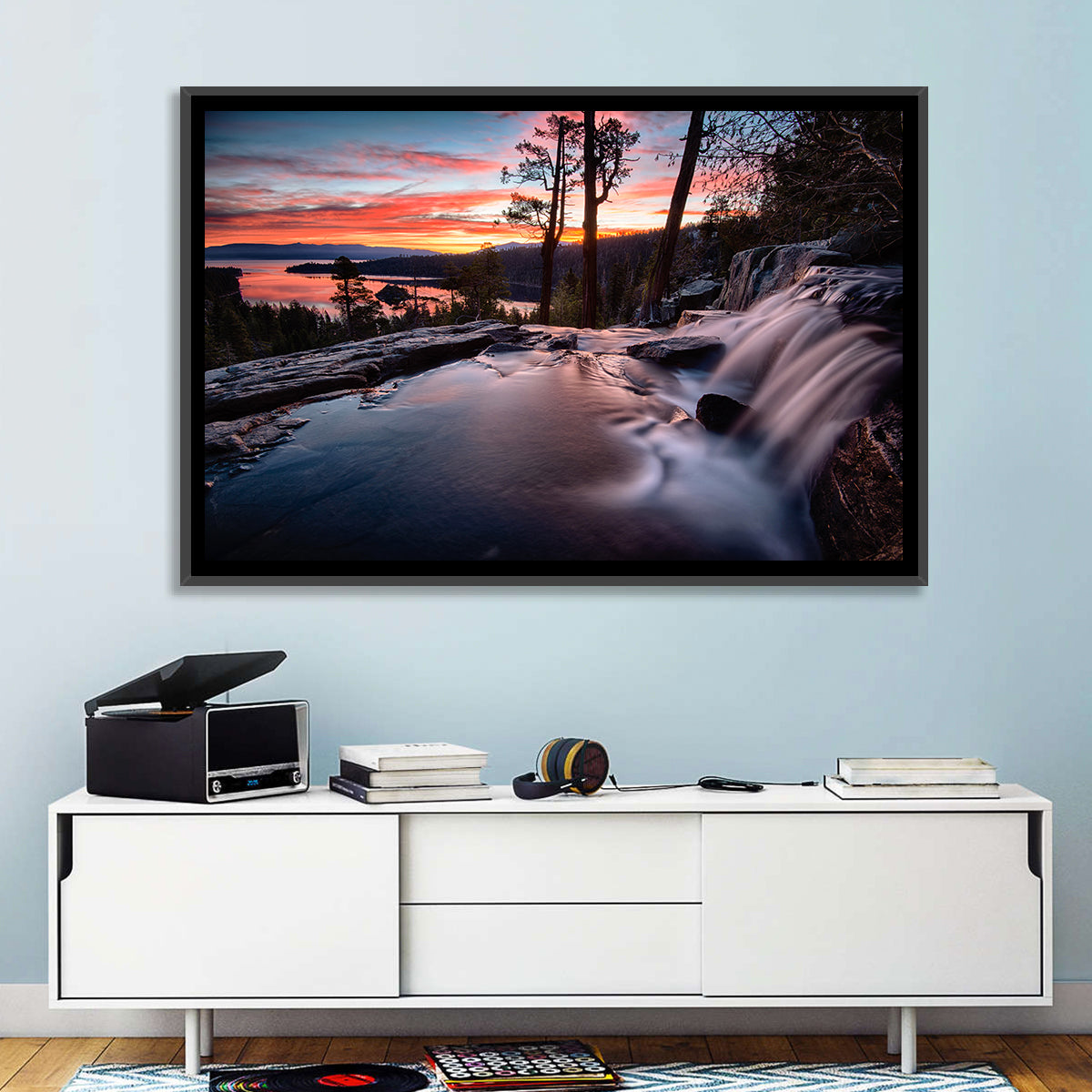 Waterfall Near Lake Tahoe Wall Art in a room, landscape
