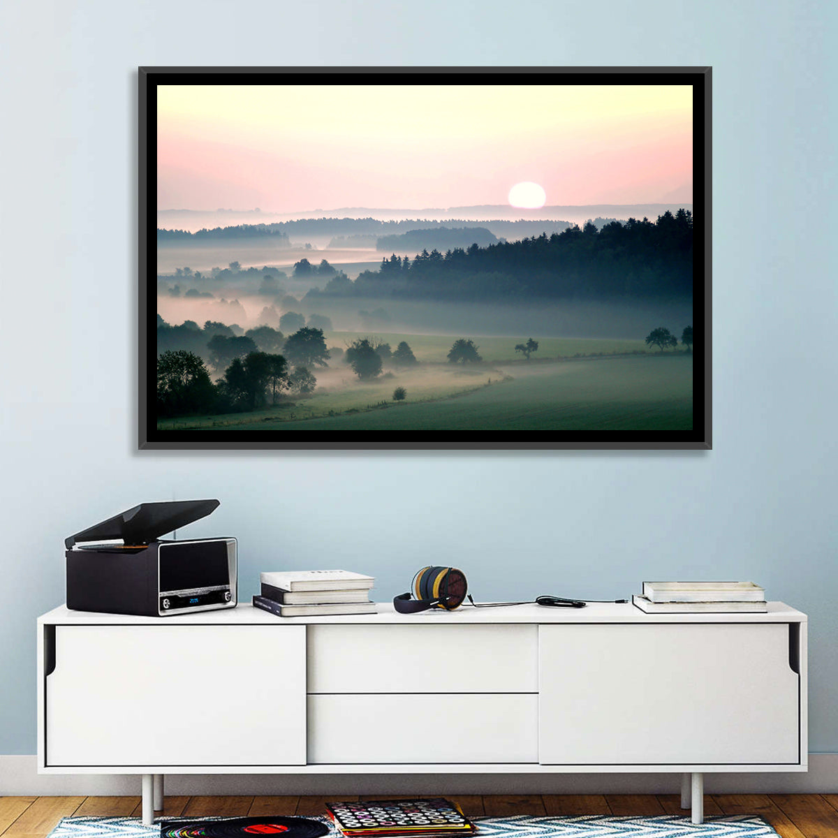 Czech Morning Fog Landscape Wall Art in a room, landscape