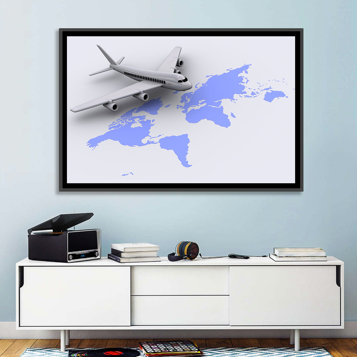Airplane Over World Map Wall Art in a room, landscape