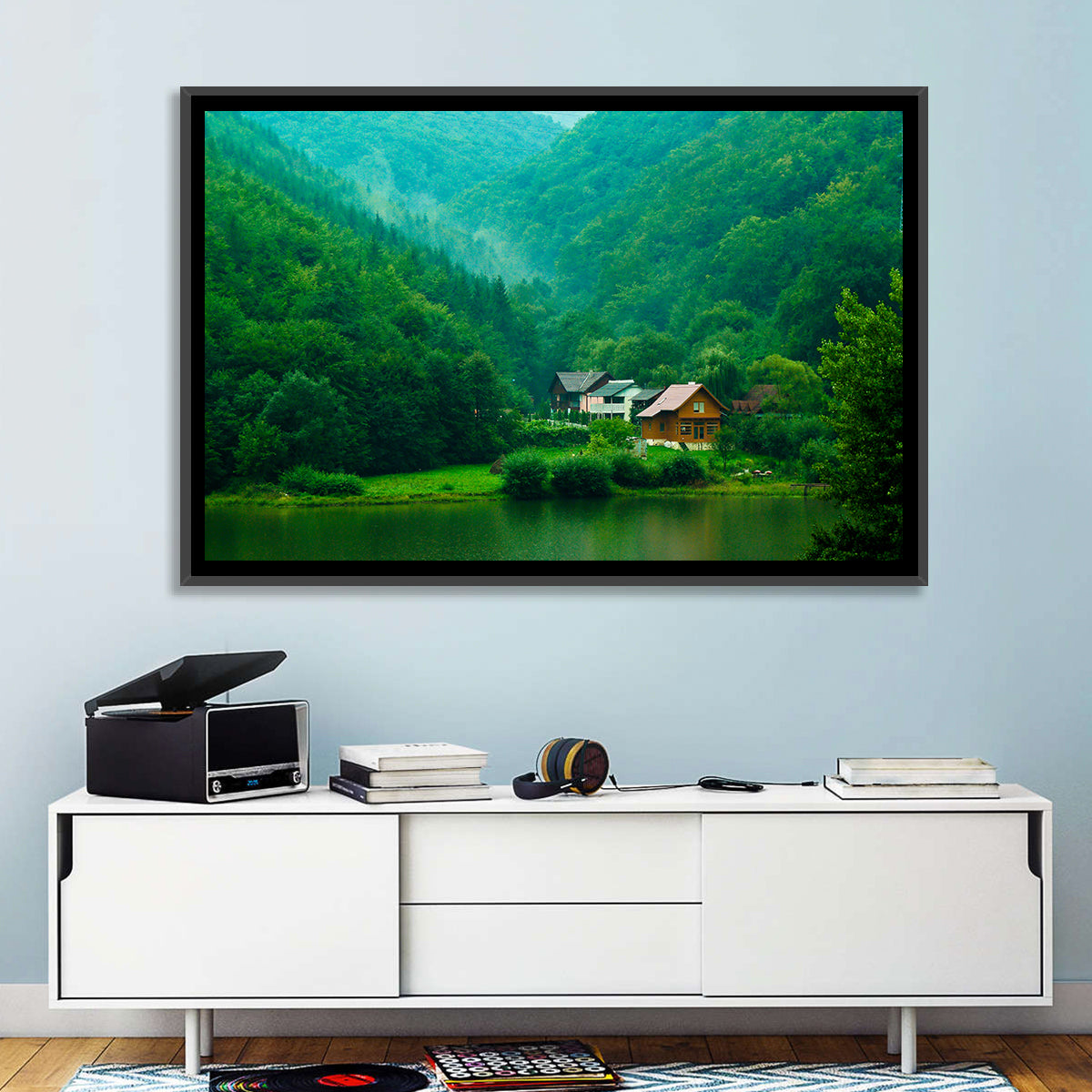 Mist Over Lake Tarnita Wall Art in a room, landscape
