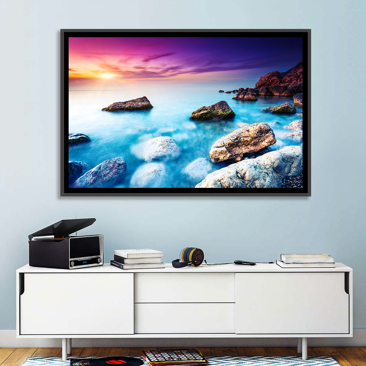Rocky Beach Sunset Wall Art in a room, landscape