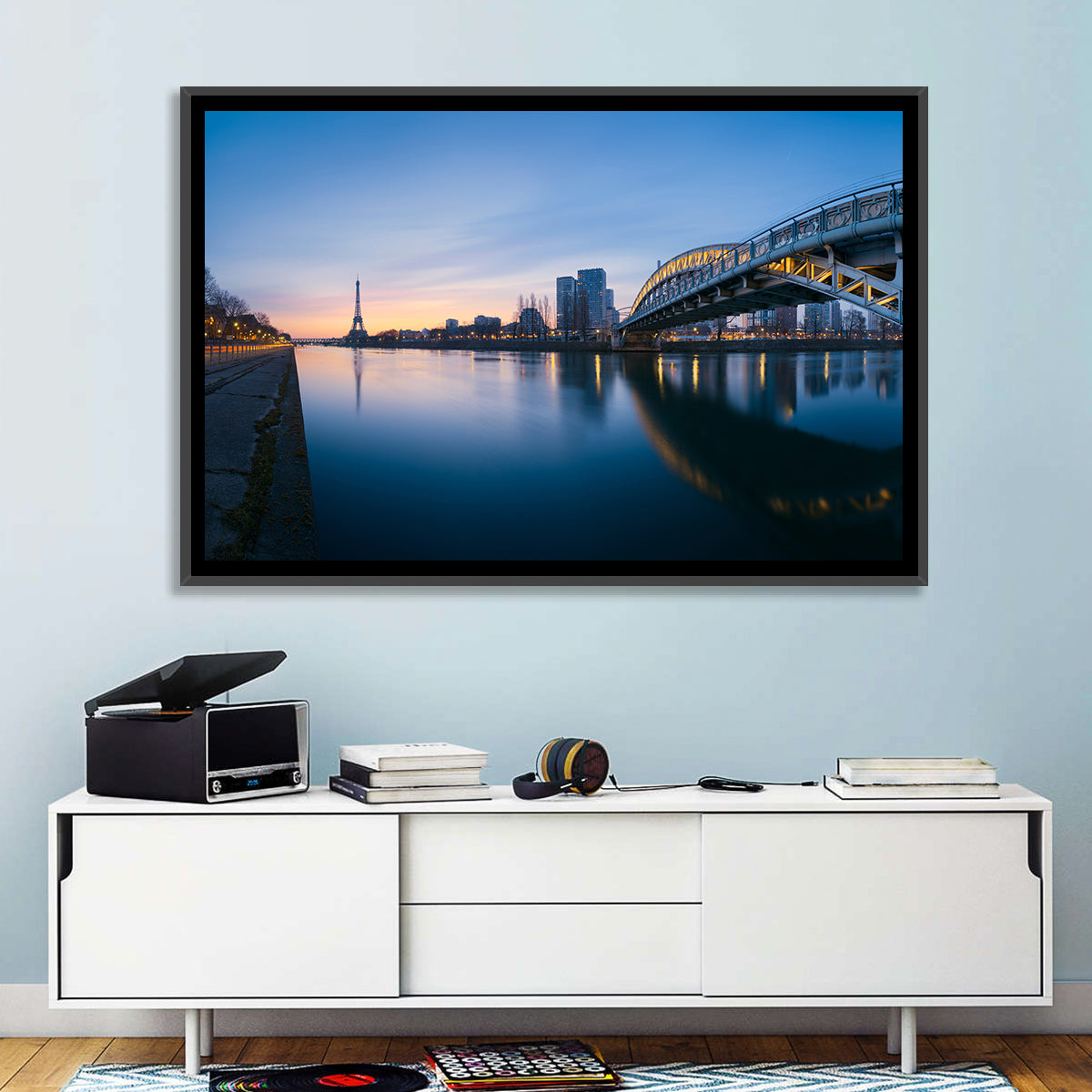 Eiffel Tower Golden Hour Reflection Wall Art in a room, landscape