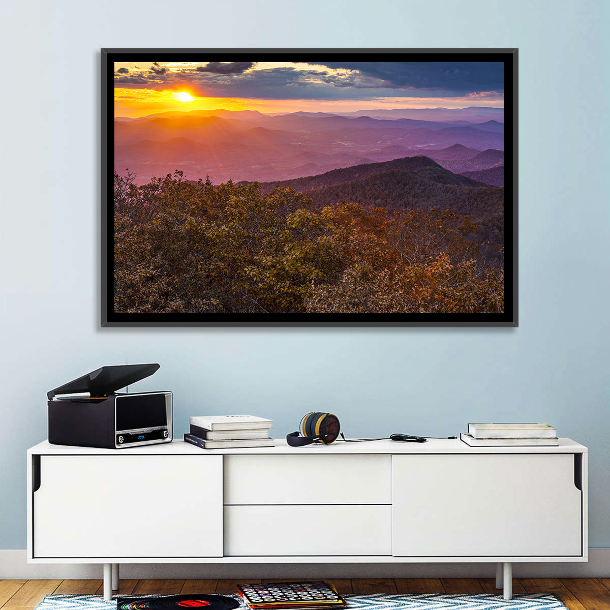 Blue Ridge Sunset Over Autumn Ridges Wall Art in a room, landscape