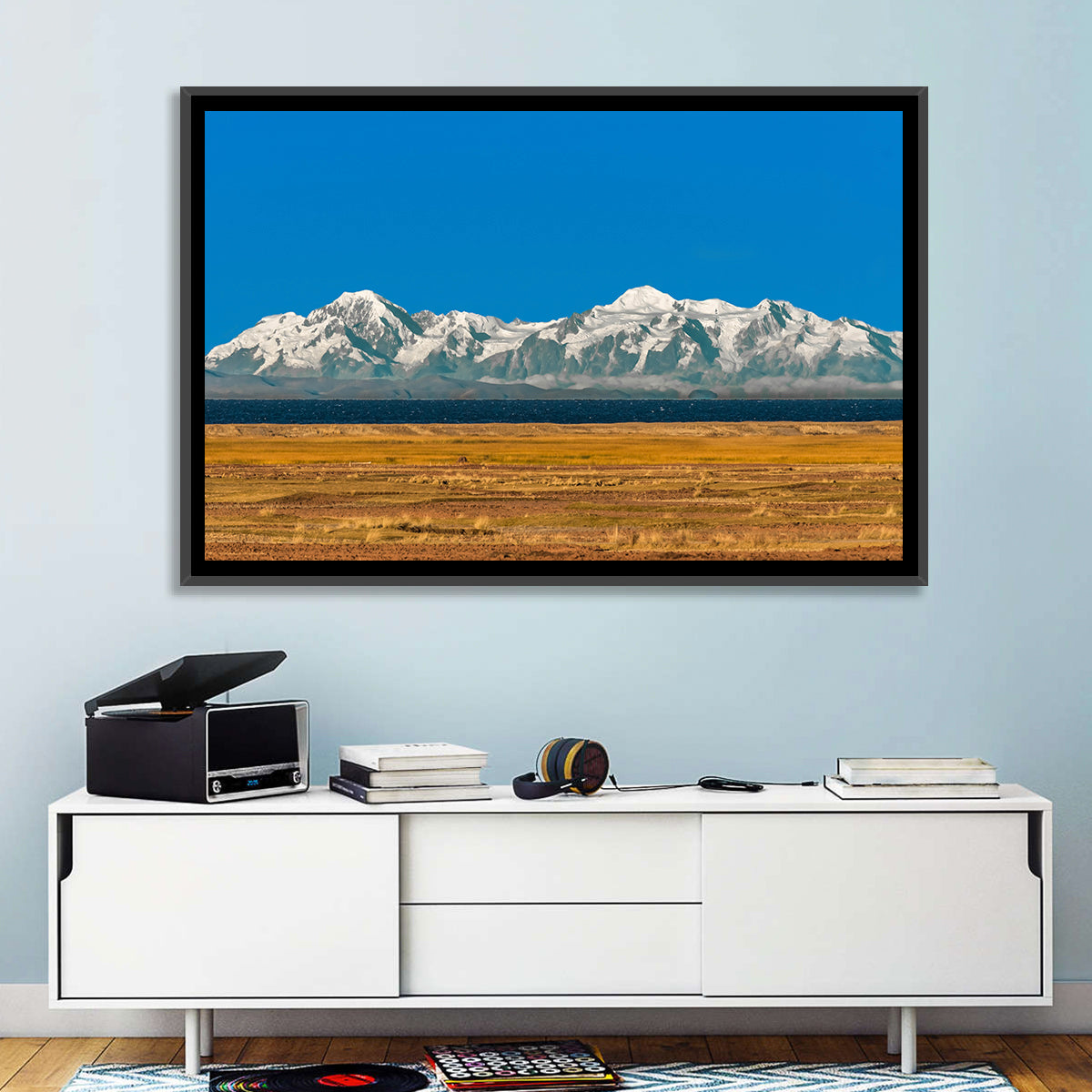 Snow-capped Peaks Over Lake Titicaca Wall Art in a room, landscape