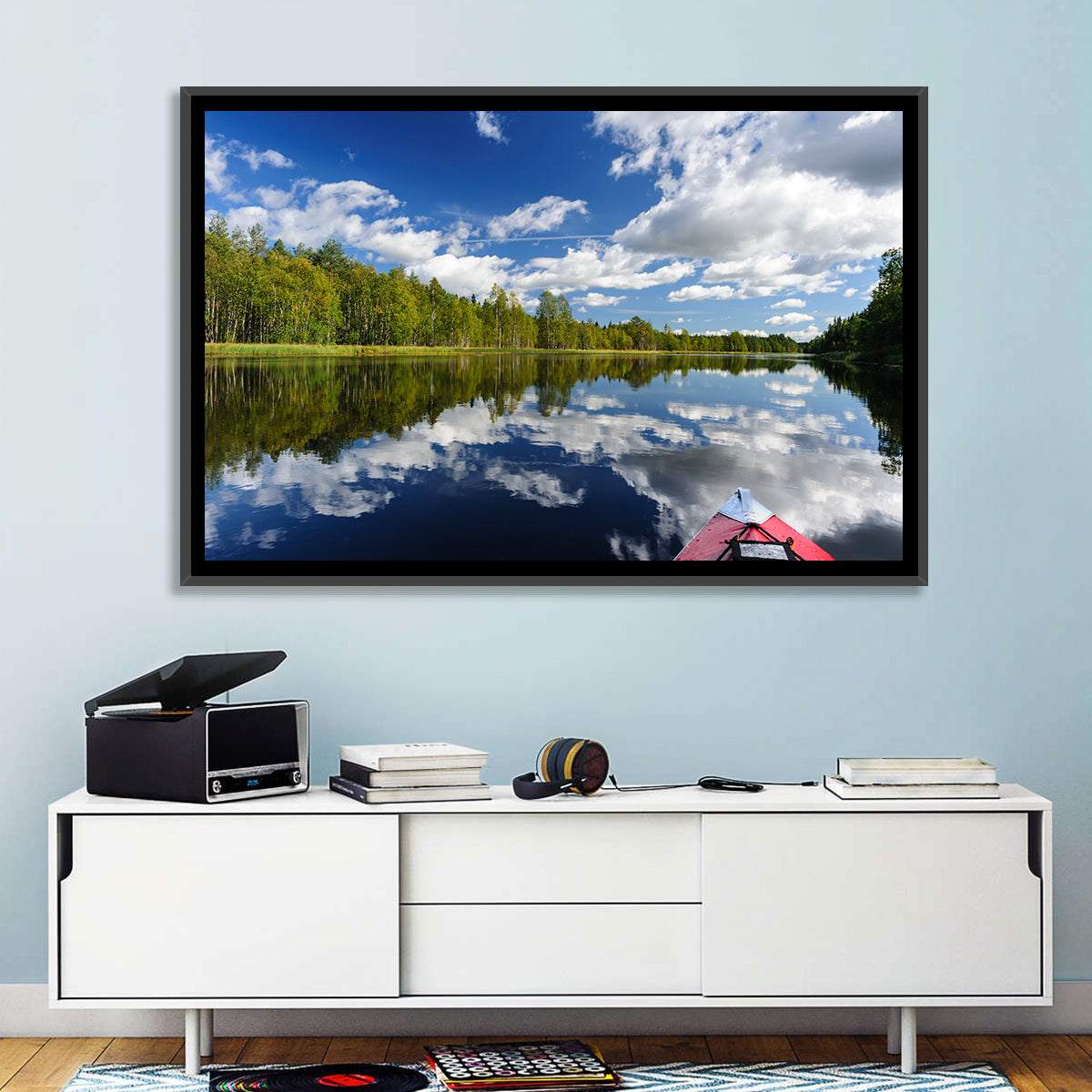 Karelia Kayak Reflection Wall Art in a room, landscape