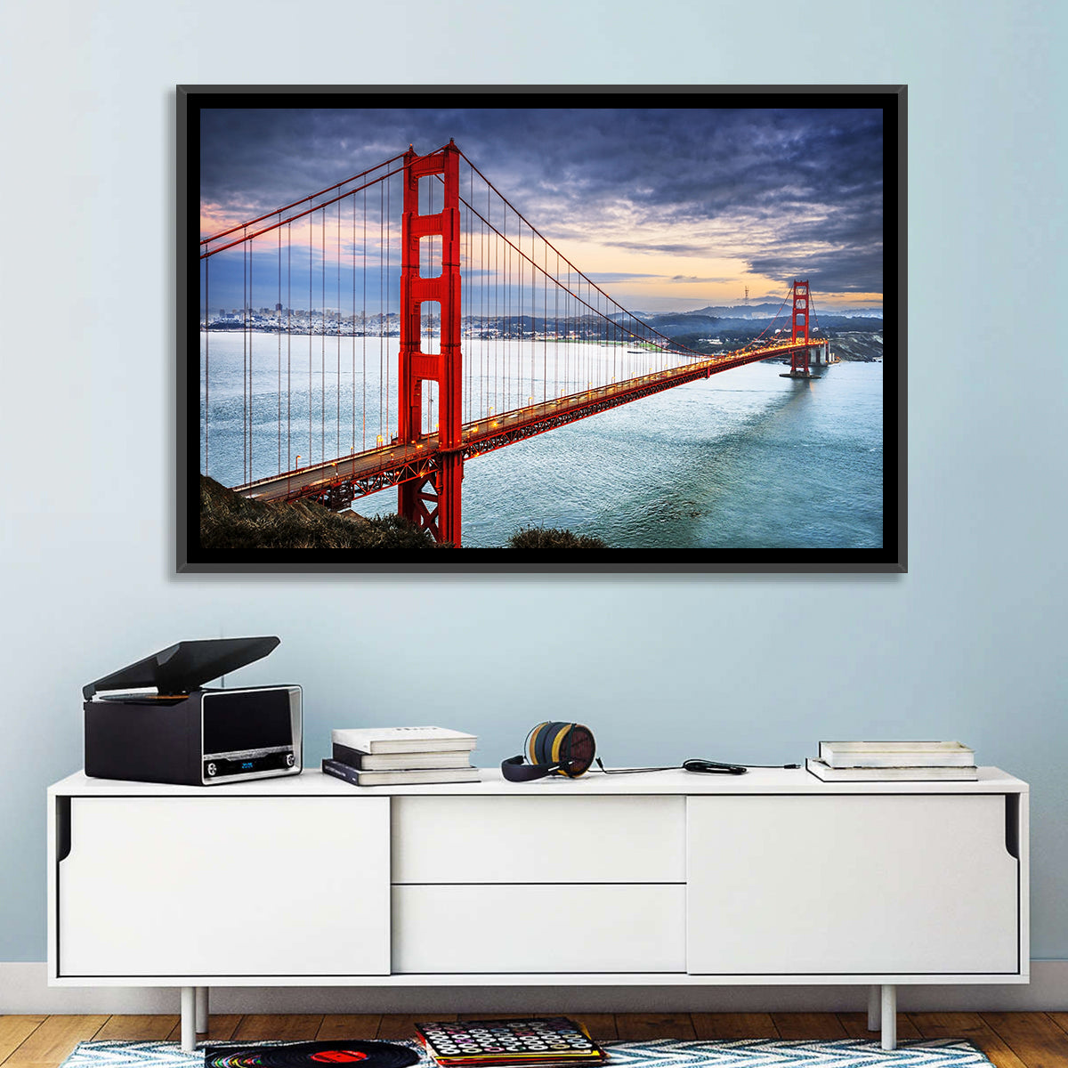 Golden Gate Bridge at Dusk Wall Art in a room, landscape