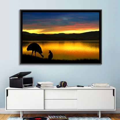 Kangaroo and Emu at Lake Sunset Wall Art