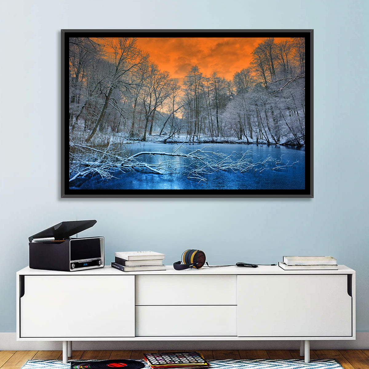 Sunset Over Winter Forest Lake Wall Art