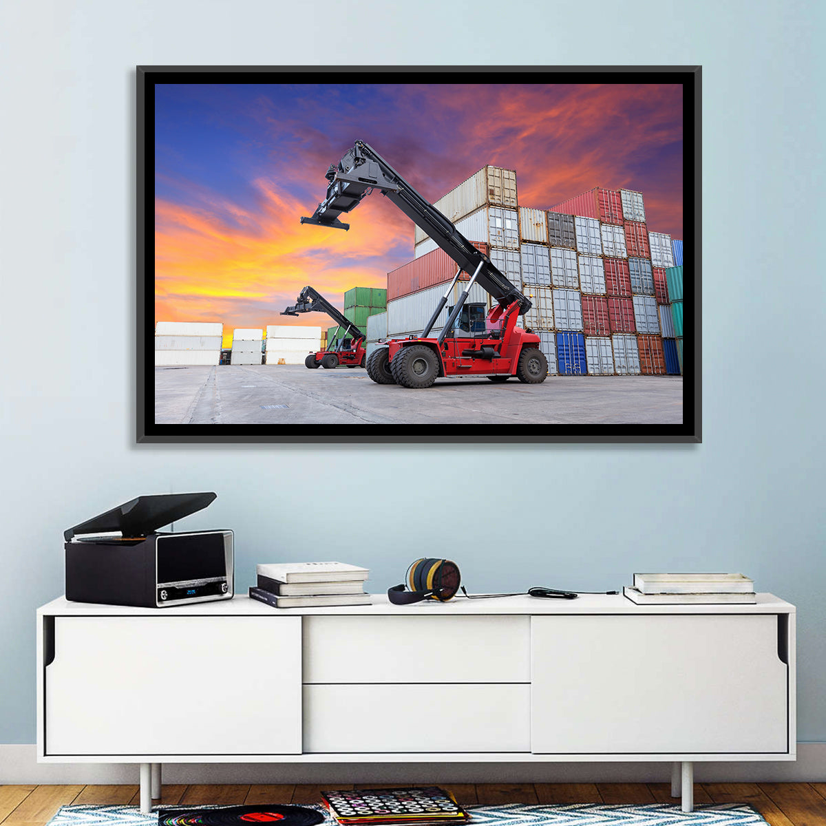 Red Reach Stackers at Sunset Wall Art