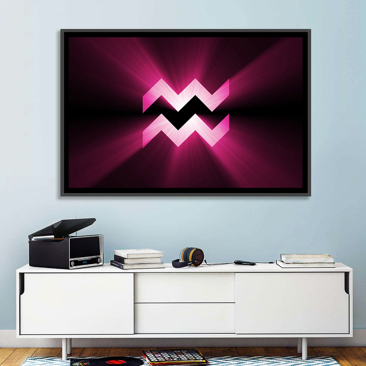 Magenta Aquarius Symbol Wall Art in a room, landscape