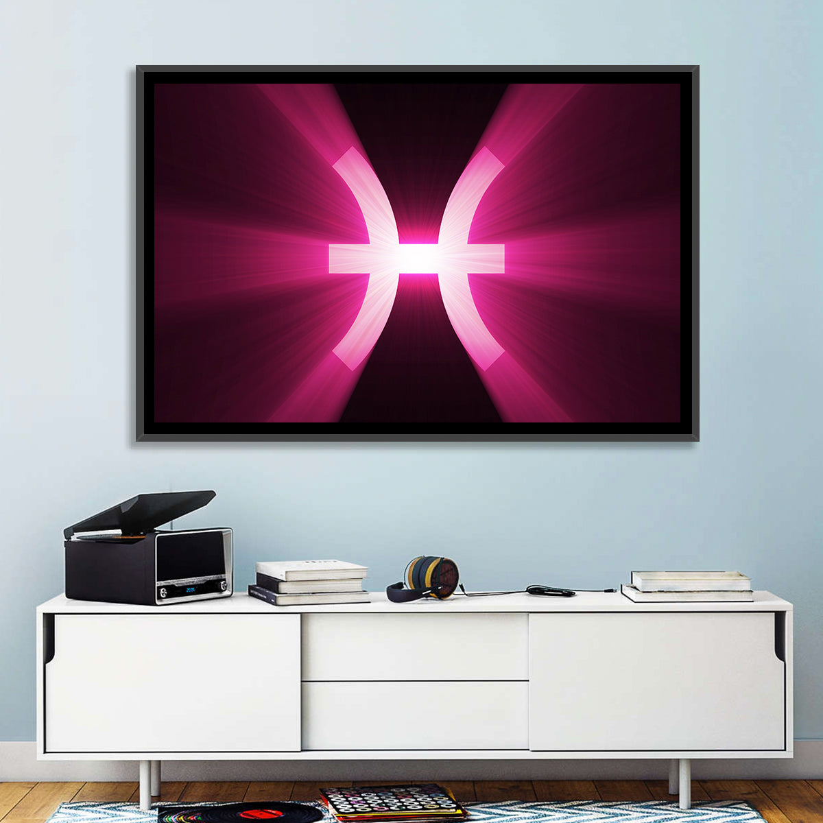 Magenta Pisces Symbol Wall Art in a room, landscape