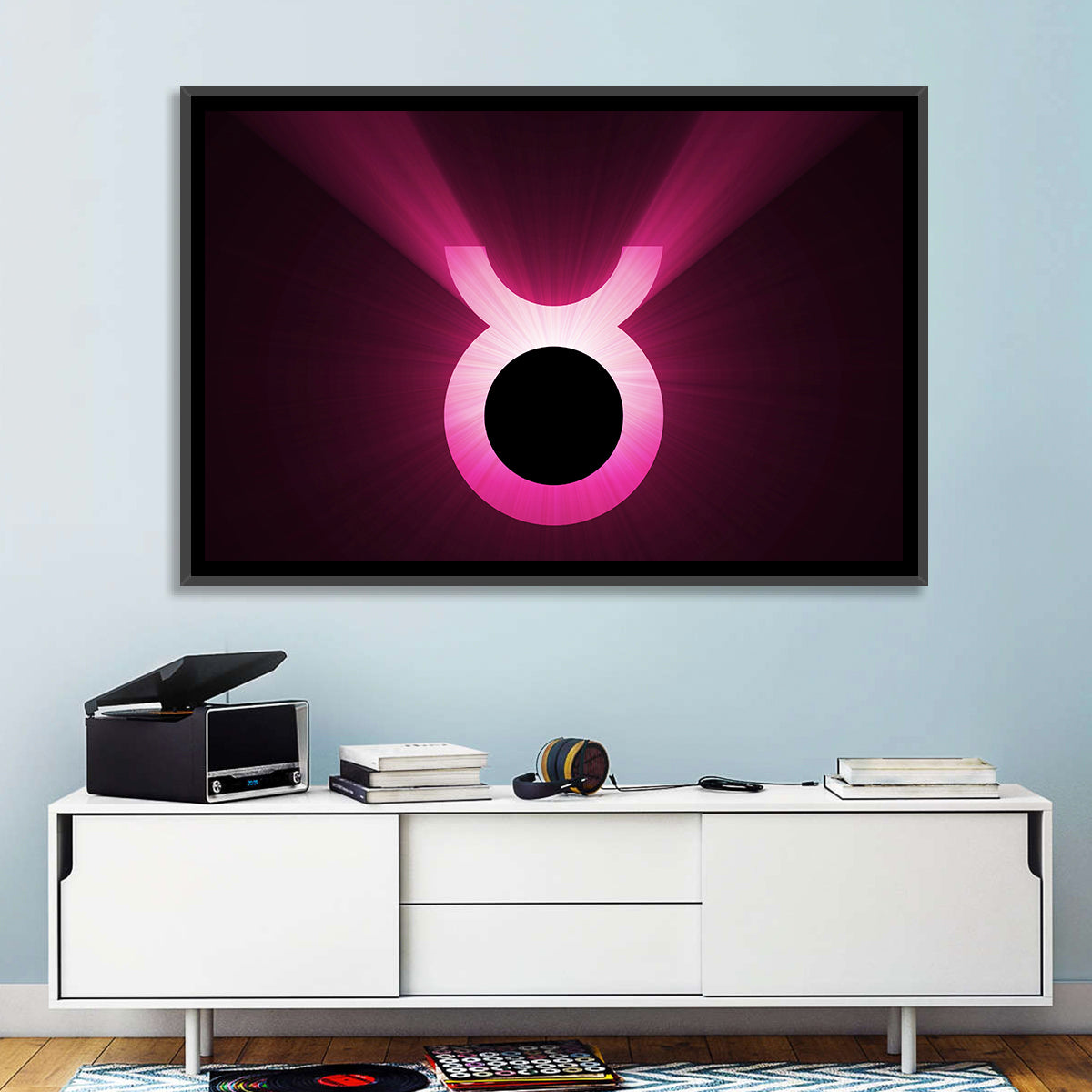 Glowing Pink Taurus Symbol Wall Art in a room, landscape