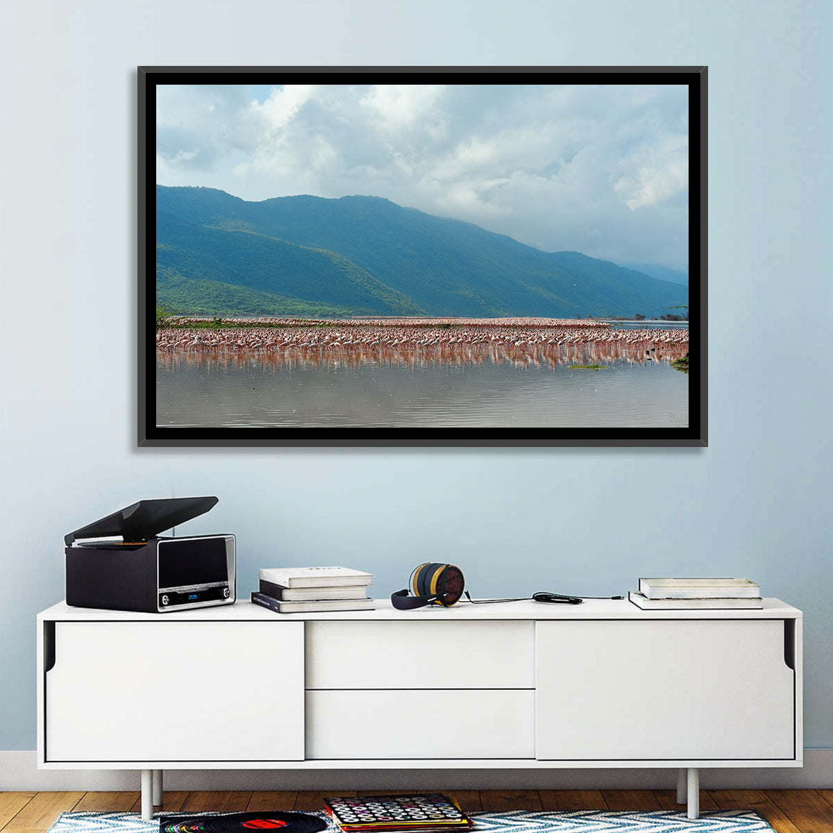 Flock of Flamingos at Lake Bogoria Wall Art in a room, landscape