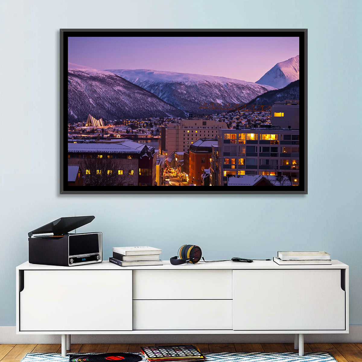 Tromsø Twilight Cityscape Wall Art in a room, landscape