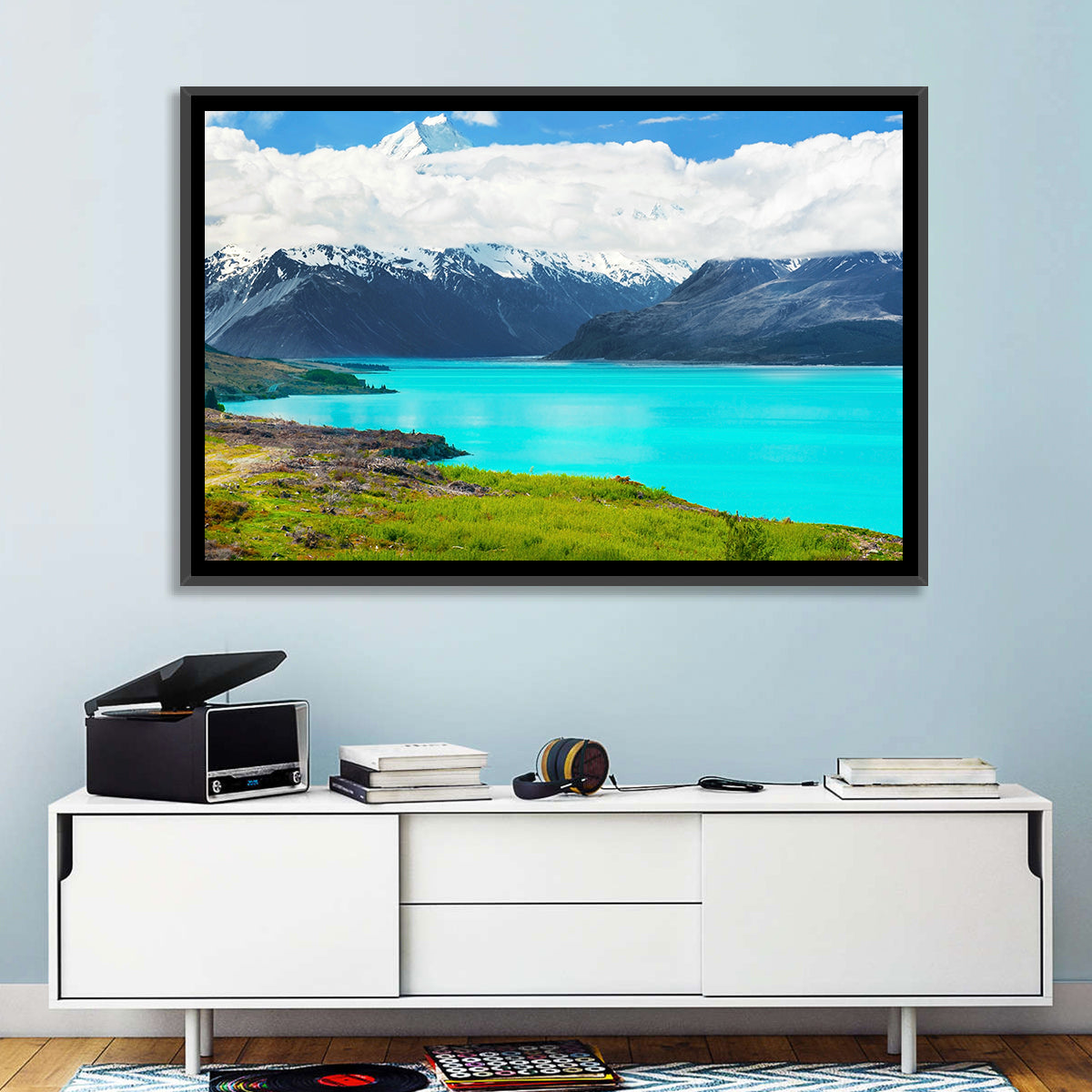 Turquoise Lake Pukaki with Mount Cook Wall Art in a room, landscape