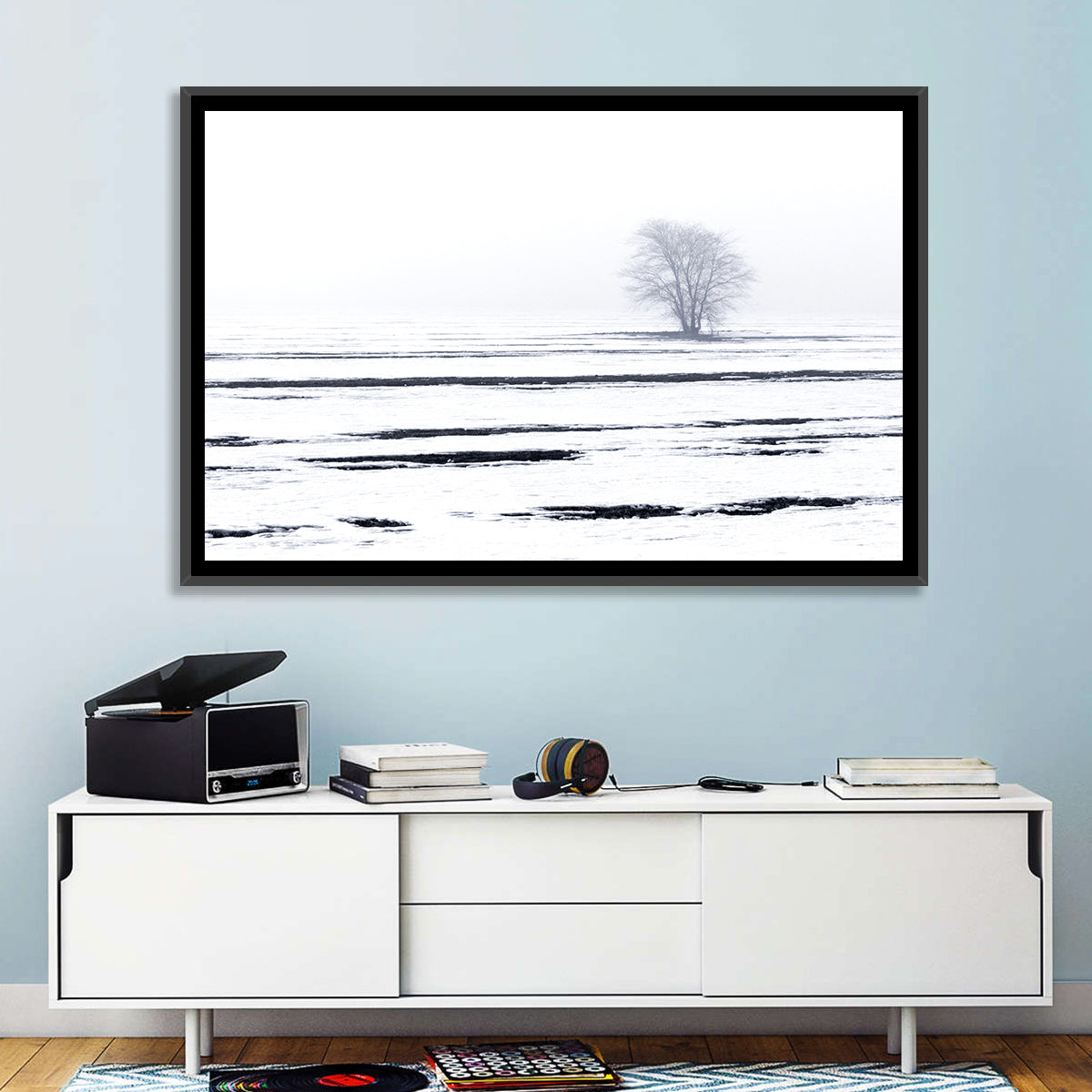 Foggy Winter Field with Lone Tree Wall Art in a room, landscape