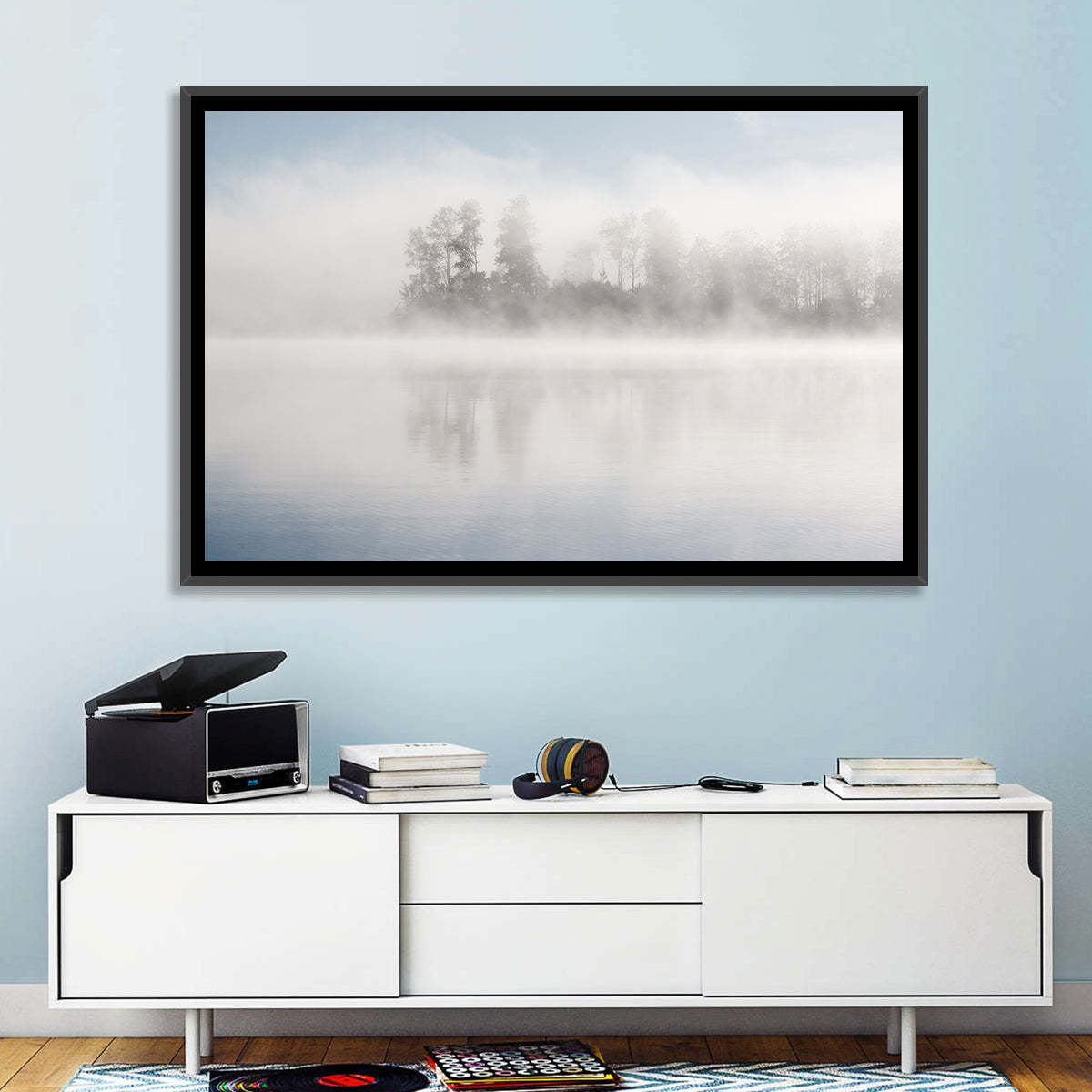 Misty Forest Lake Wall Art in a room, landscape