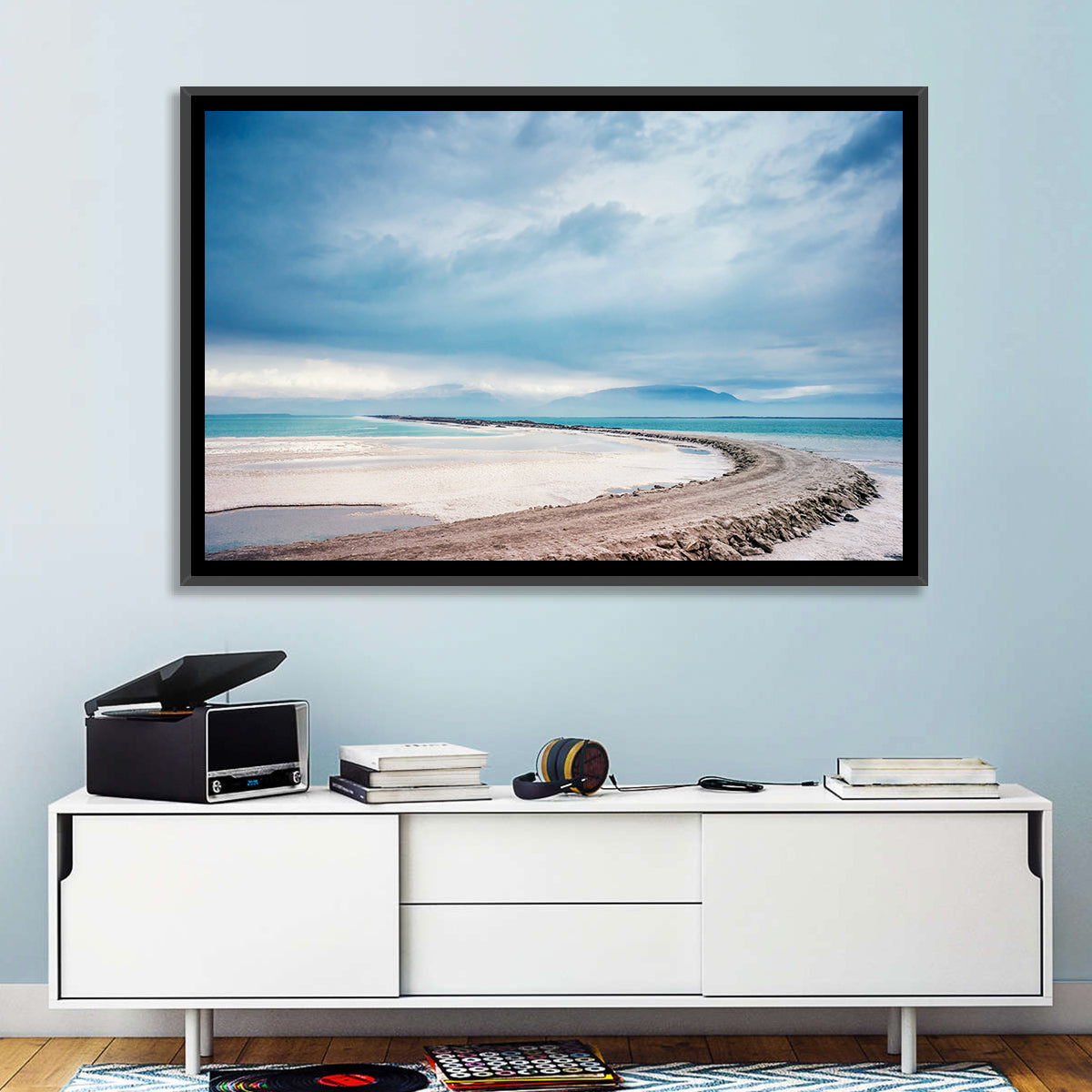 Dead Sea Salt Flats Coastline Wall Art in a room, landscape