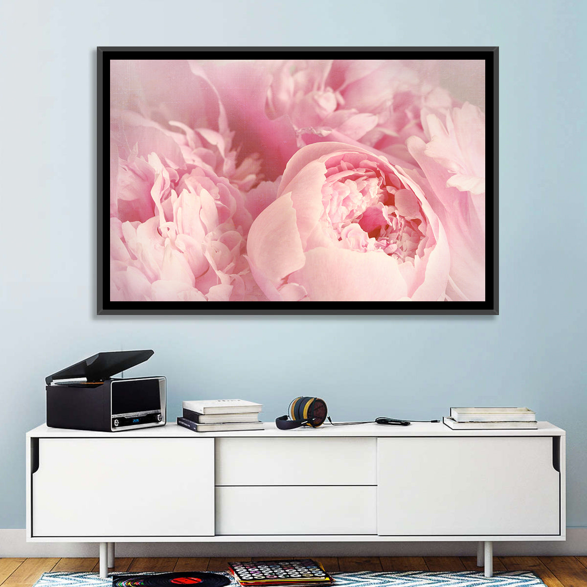 Soft Pink Peony Close Up Wall Art in a room, landscape