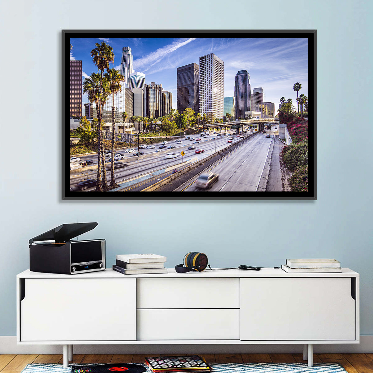 Los Angeles Freeway to Downtown Skyline Wall Art in a room, landscape