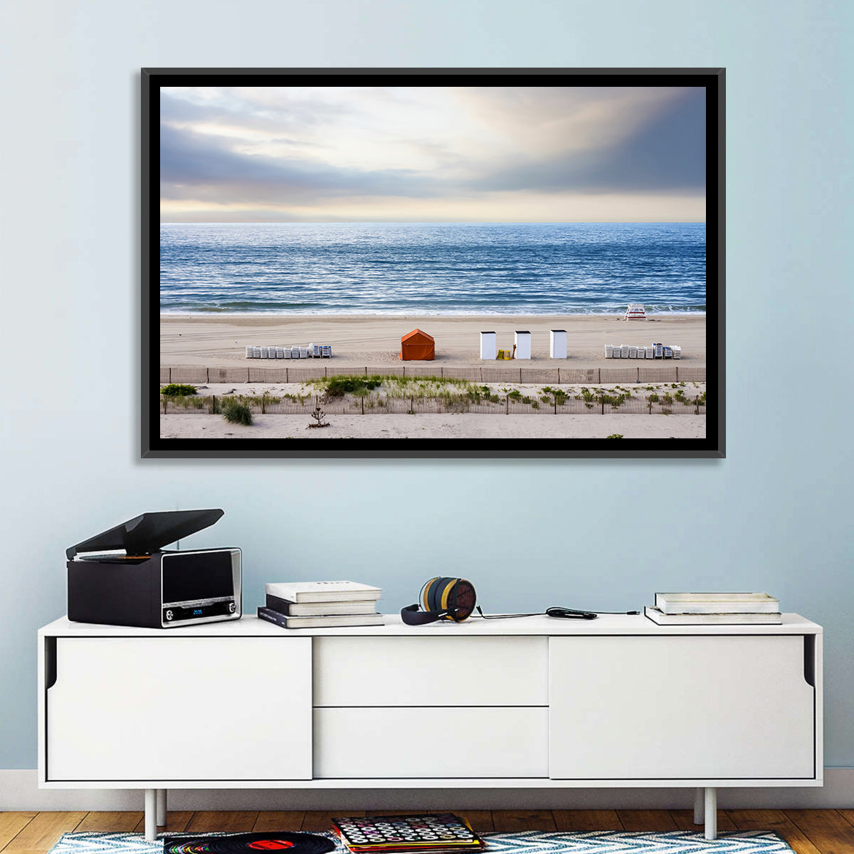Cape May Beach Huts Wall Art in a room, landscape