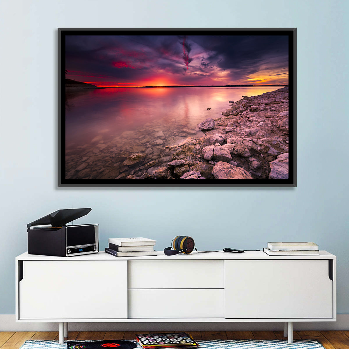 Benbrook Lake Sunset Reflection Wall Art in a room, landscape
