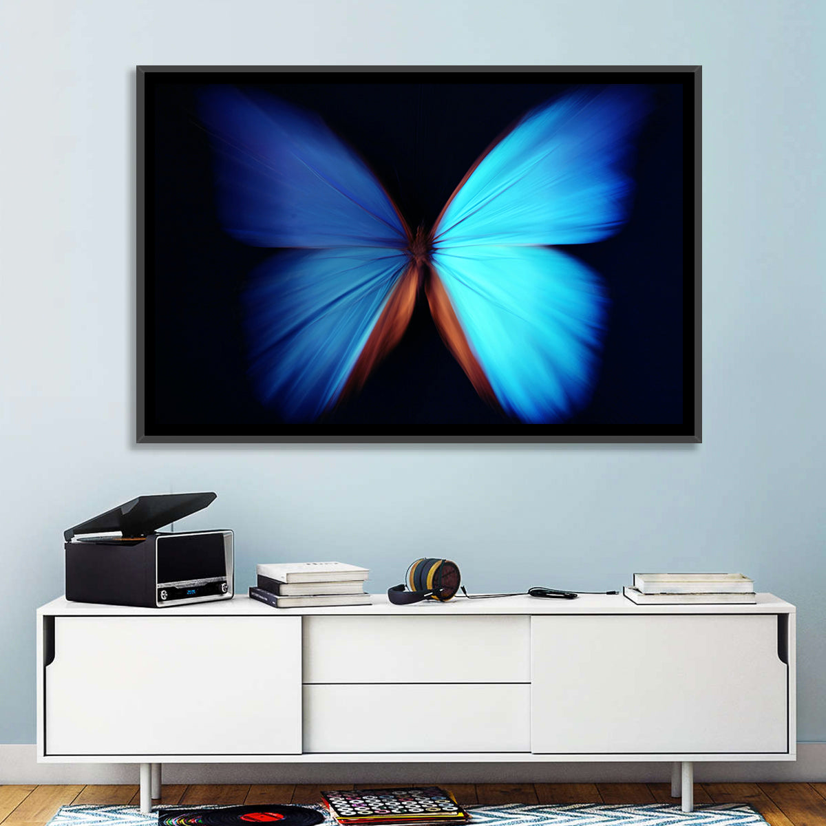 Blue Butterfly Macro Study Wall Art in a room, landscape