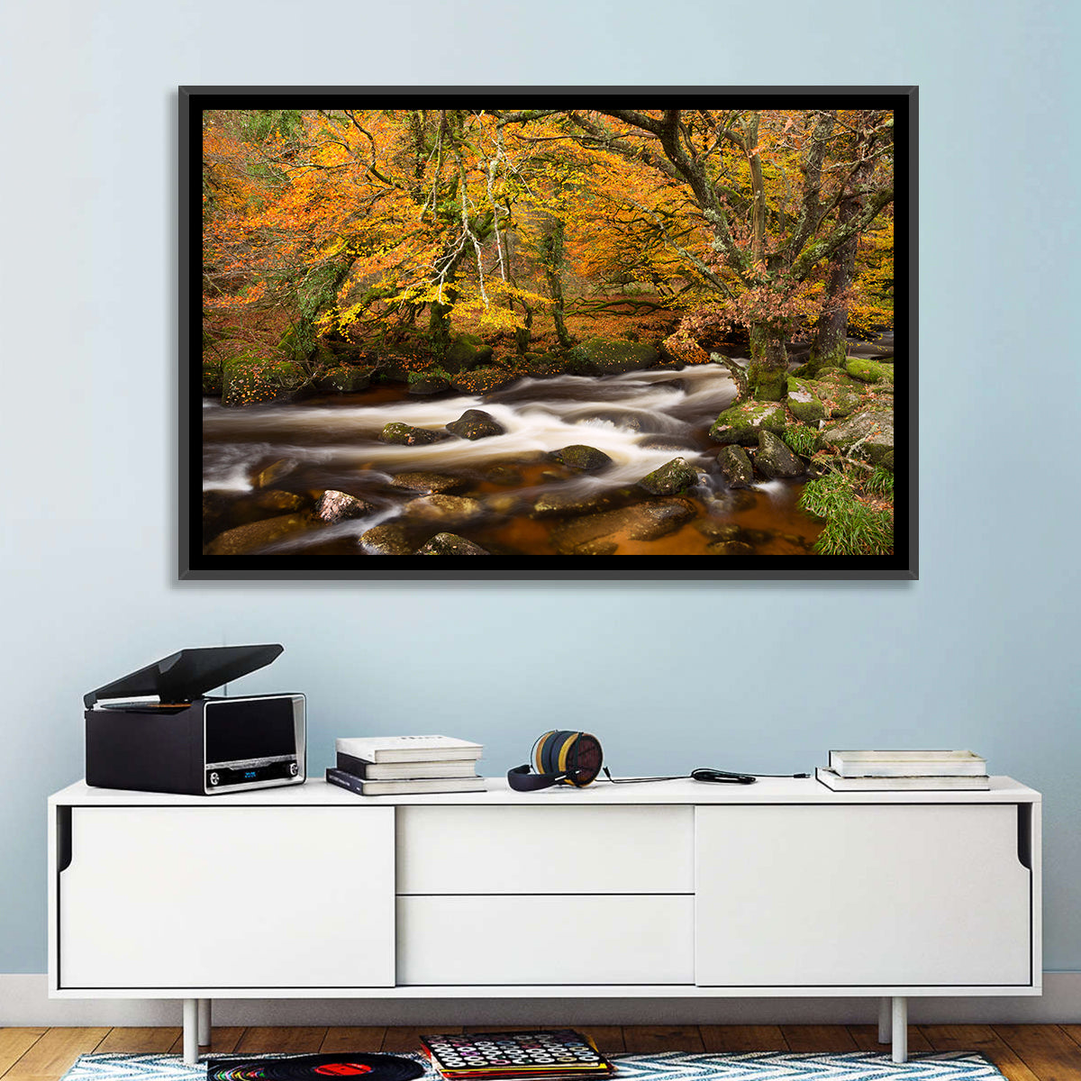 Dartmoor Autumn River in Golden Forest Wall Art in a room, landscape