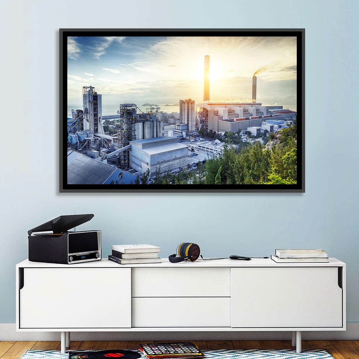 Coastal Power Plant at Sunrise Wall Art in a room, landscape
