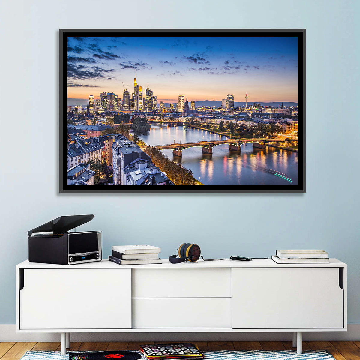 Frankfurt Twilight Skyline Wall Art in a room, landscape