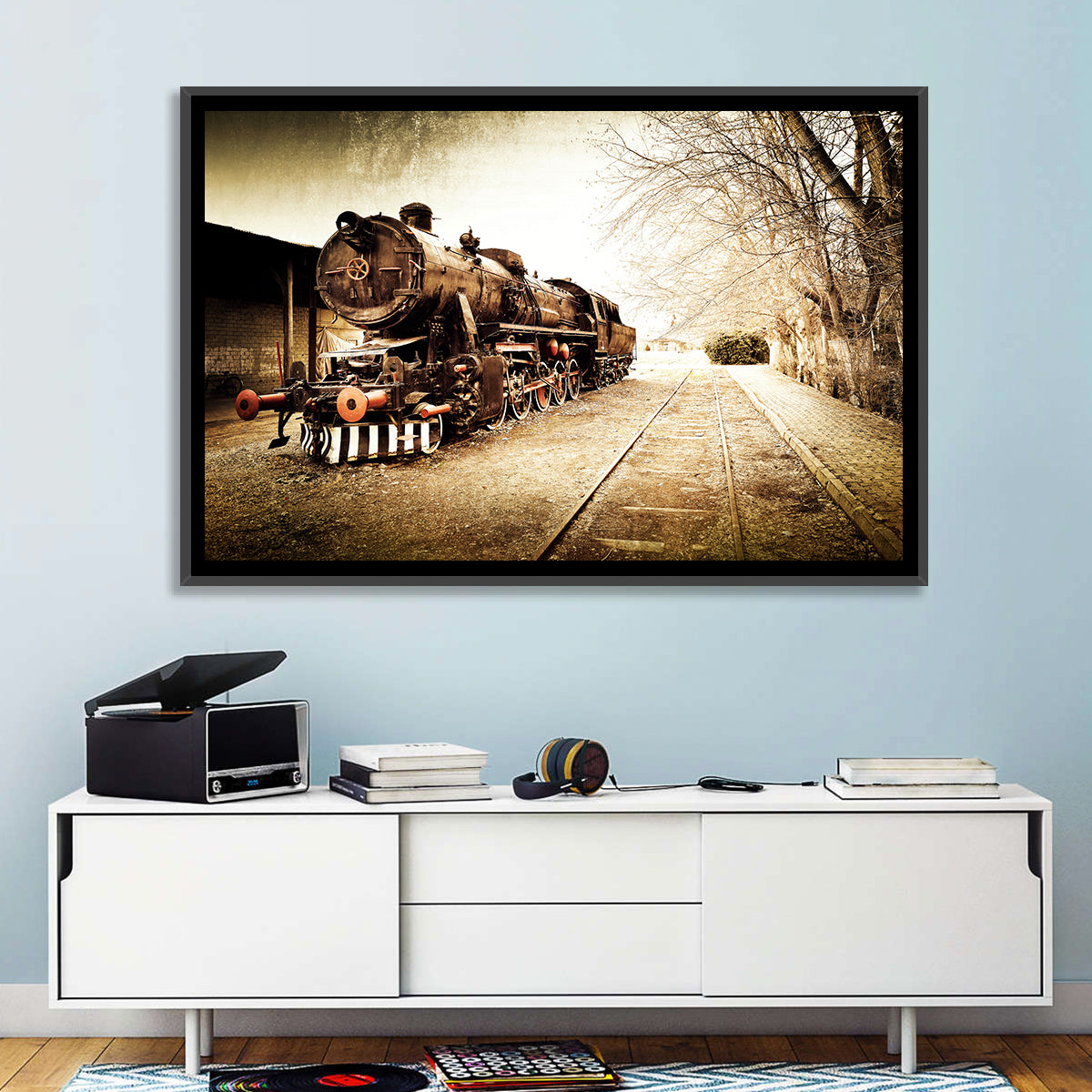 Sepia Steam Locomotive on Rusted Tracks Wall Art