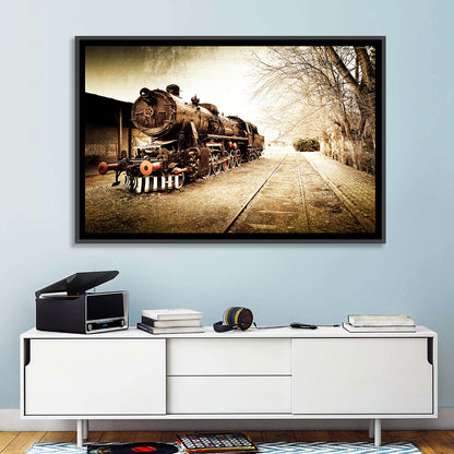 Sepia Steam Locomotive on Rusted Tracks Wall Art