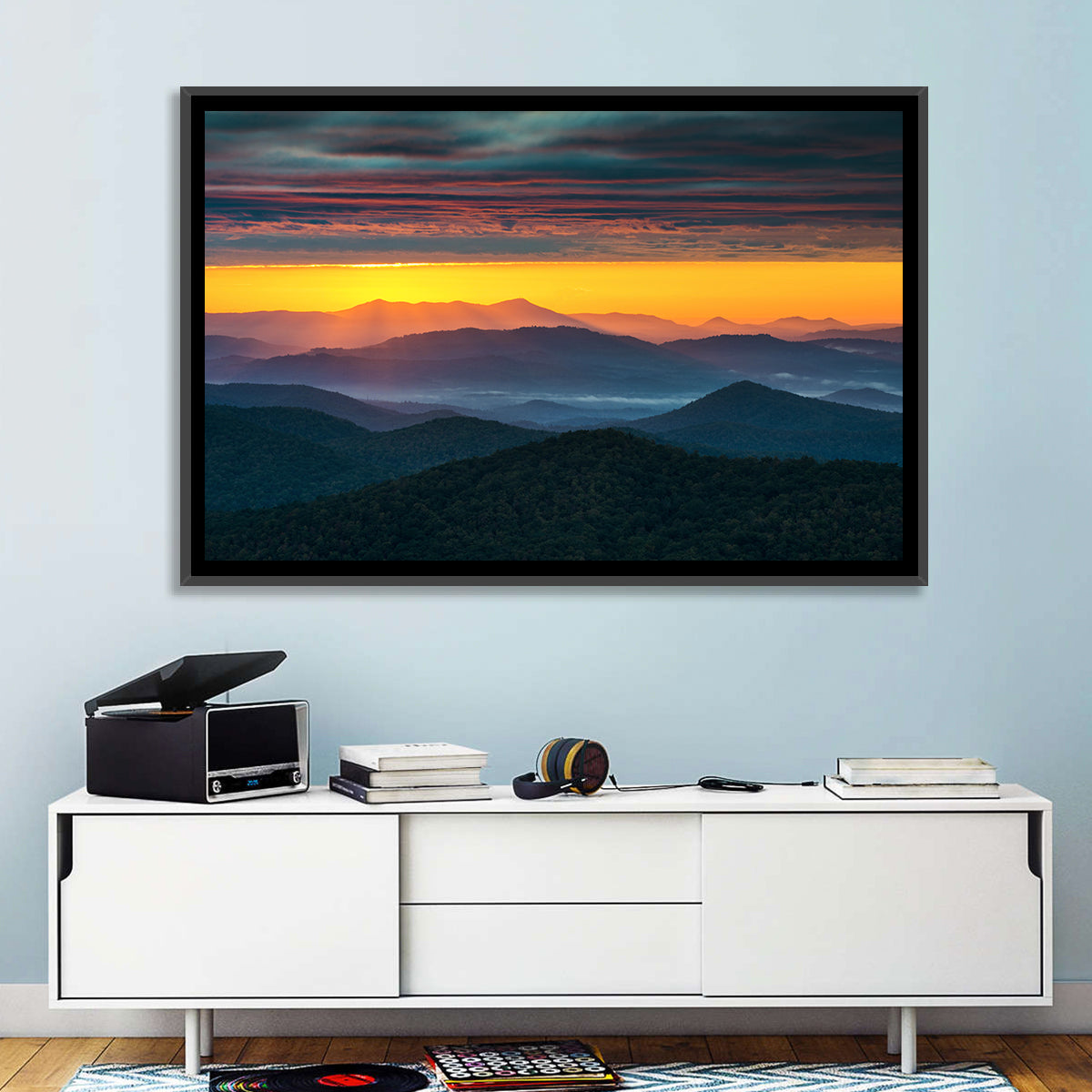Misty Blue Ridge Sunrise North Carolina Wall Art in a room, landscape