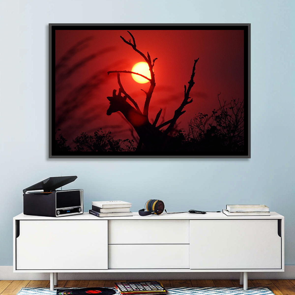 Giraffe Silhouette at Sunset Wall Art in a room, landscape