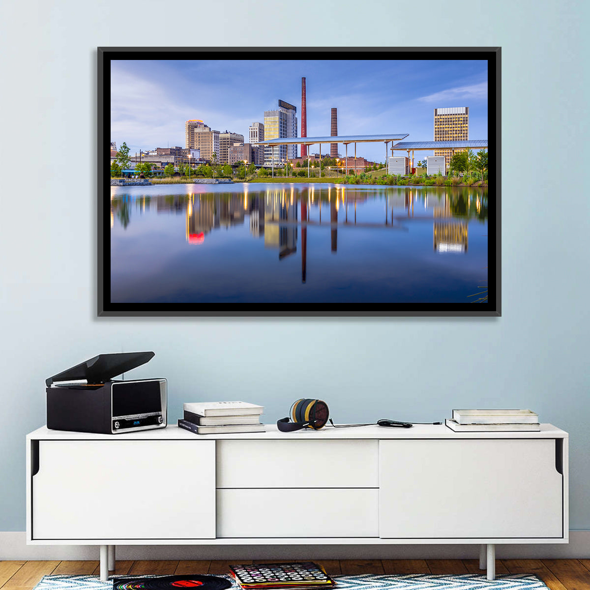 Birmingham Skyline Reflection at Twilight Wall Art in a room, landscape