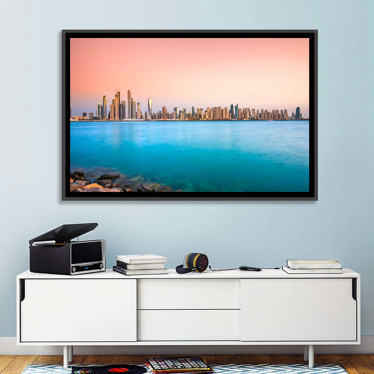 Dubai Marina Skyline Wall Art in a room, landscape