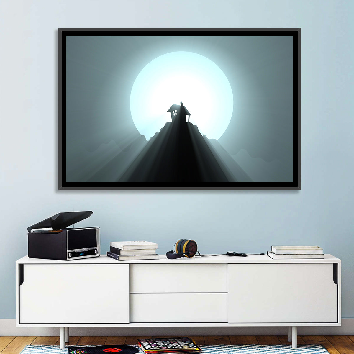 Moonlit Mountain Hut Wall Art in a room, landscape