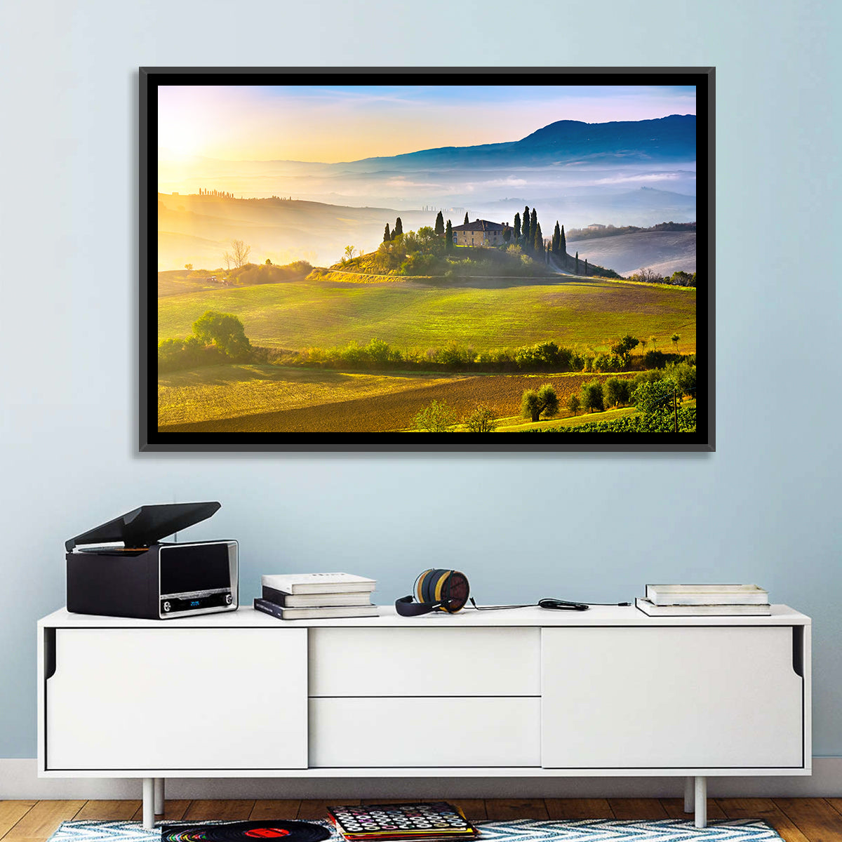 Tuscan Morning Landscape Wall Art in a room, landscape