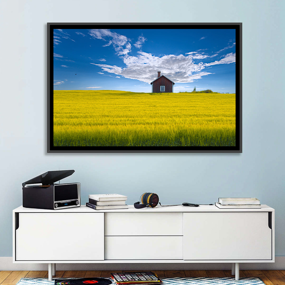 Red Barn in Golden Wheat Field Wall Art in a room, landscape