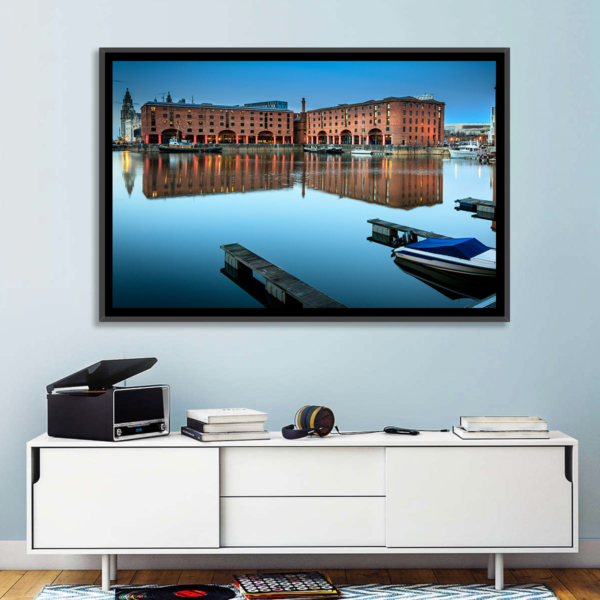 Royal Albert Dock Reflections, Liverpool Wall Art in a room, landscape