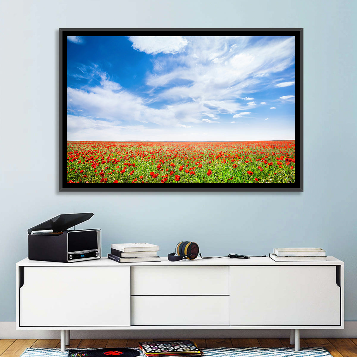 Red Poppy Field Wall Art in a room, landscape