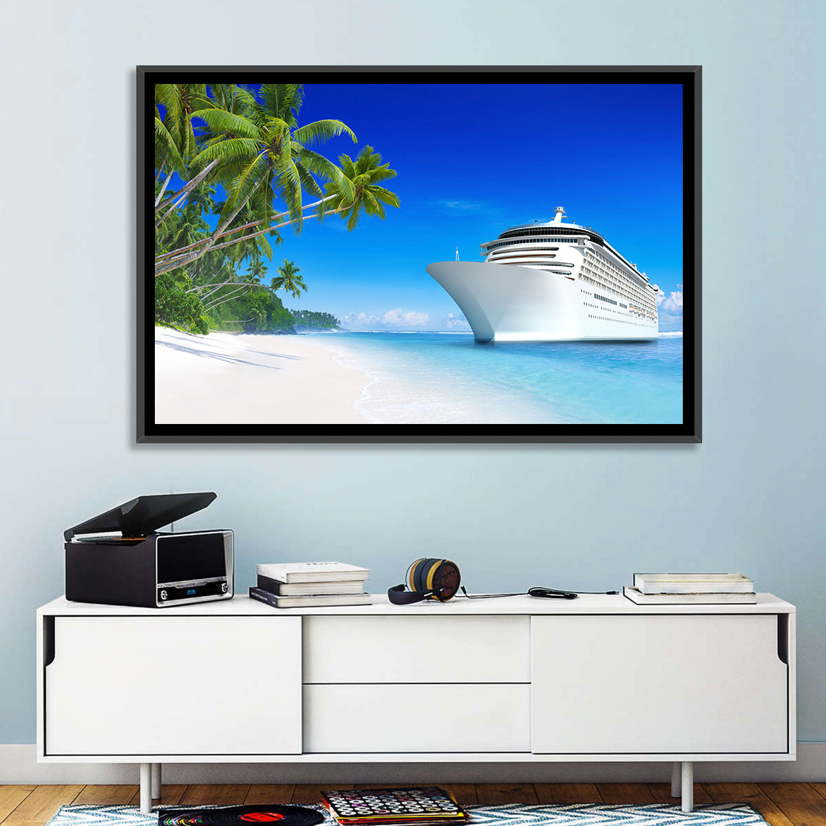 Cruise Ship Beside Tropical Beach Wall Art in a room, landscape