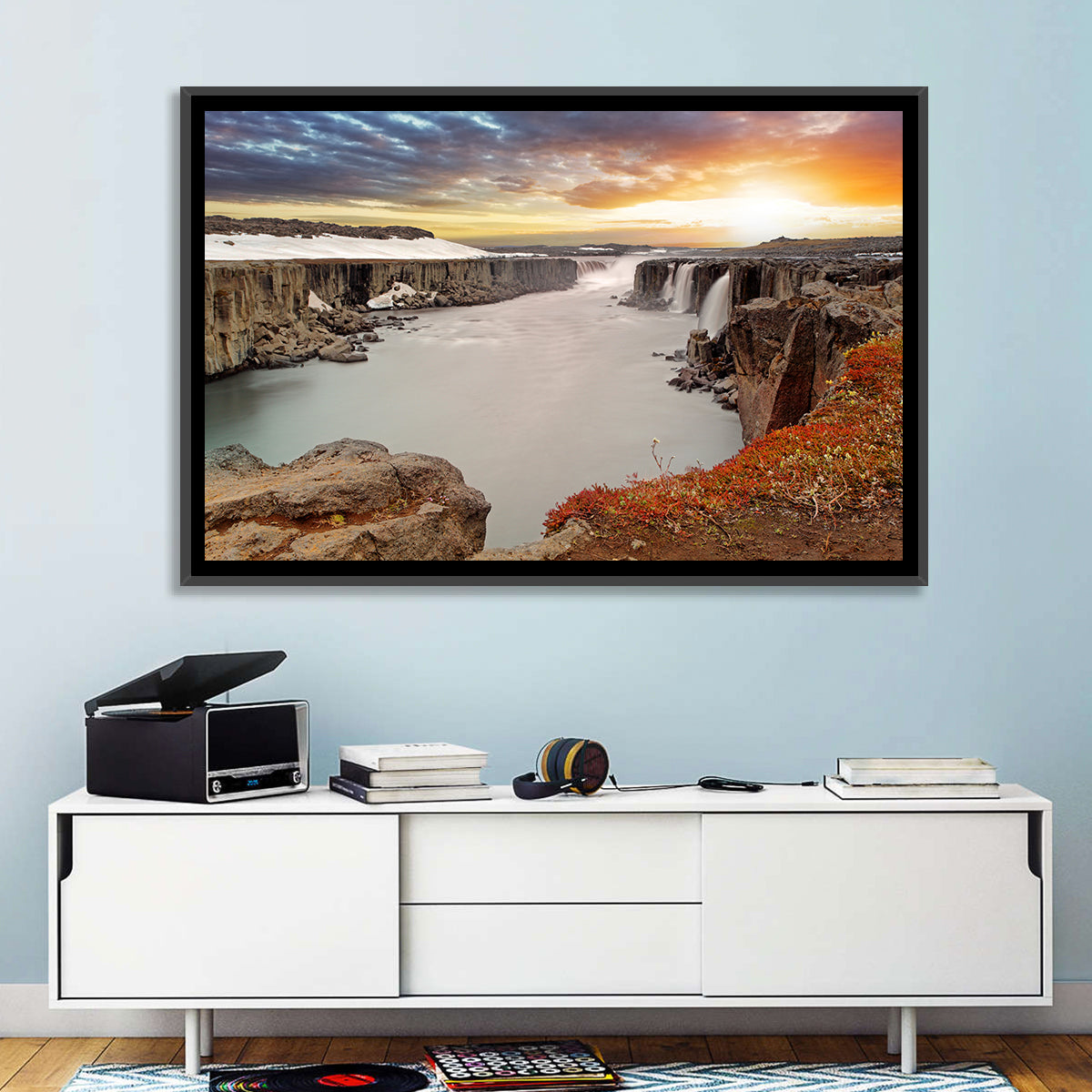 Selfoss Waterfall at Sunset Wall Art in a room, landscape
