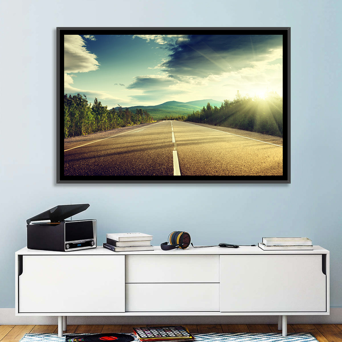 Sunlit Asphalt Road Wall Art in a room, landscape