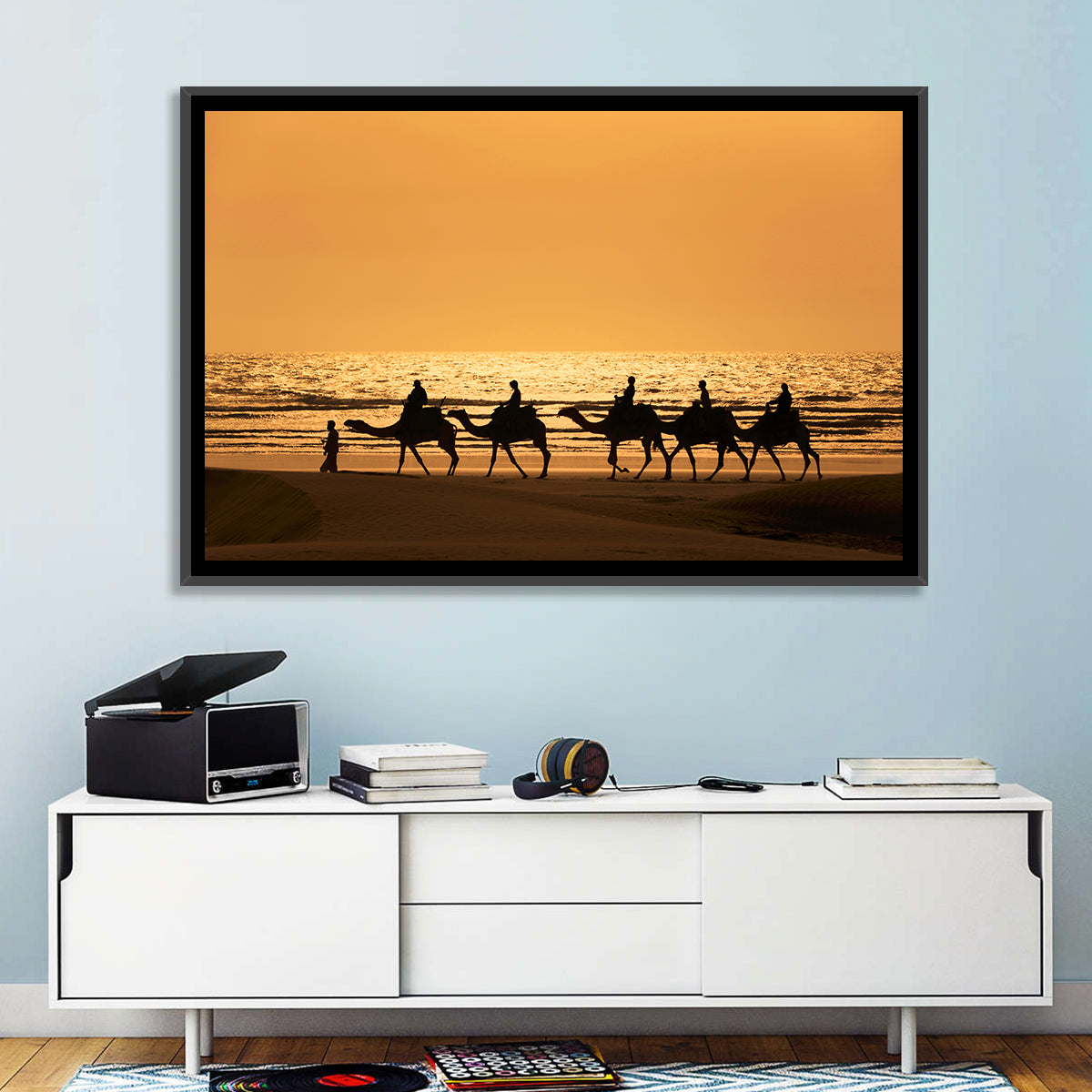 Camel Caravan Silhouette on Wet Sand Wall Art