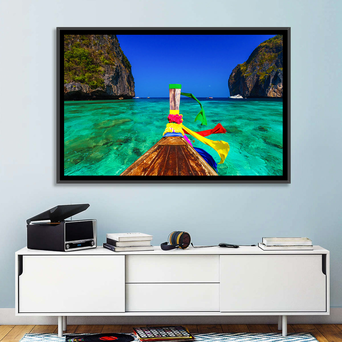 Maya Bay Long-tail Boat Wall Art in a room, landscape