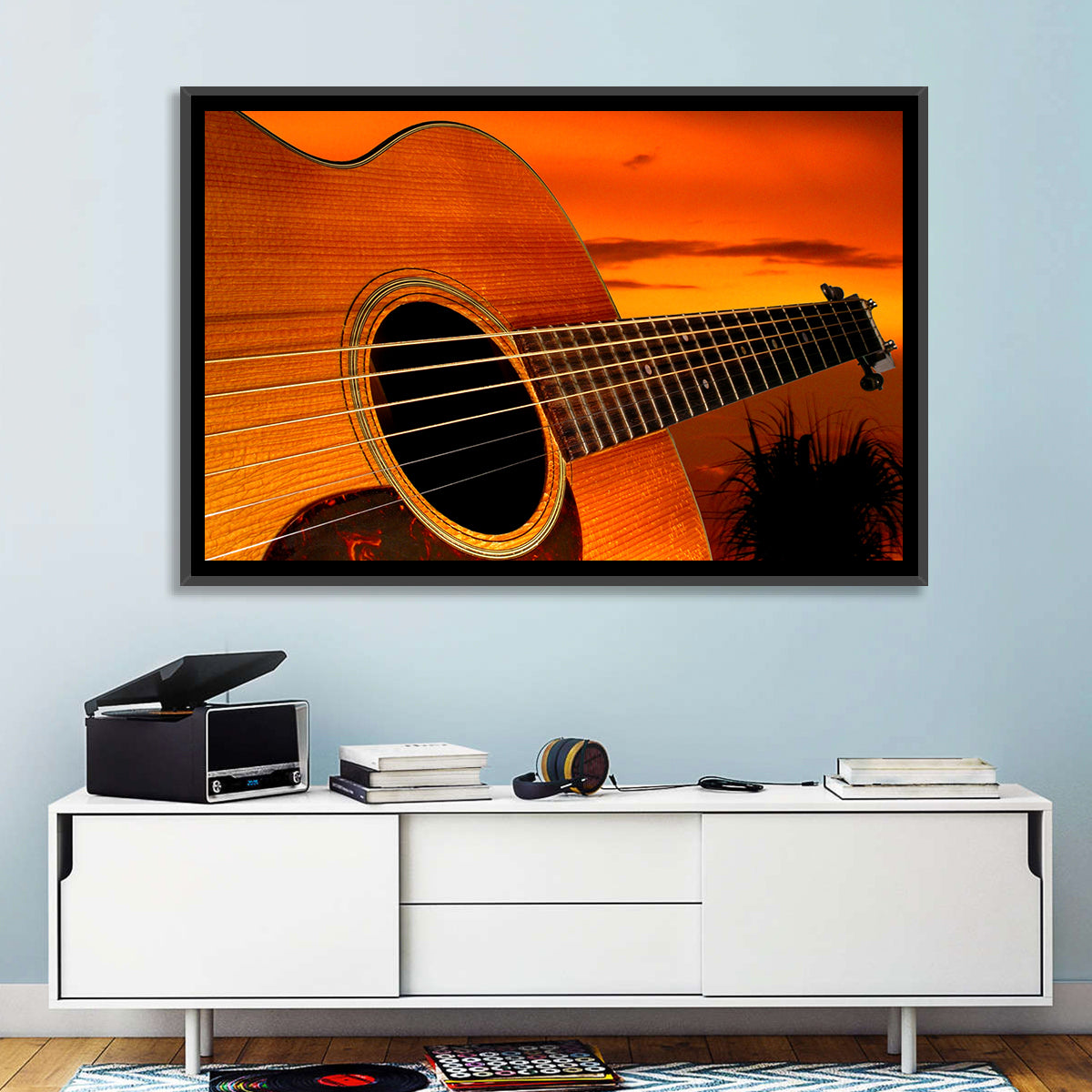 Sunset Acoustic Guitar Silhouette Wall Art in a room, landscape
