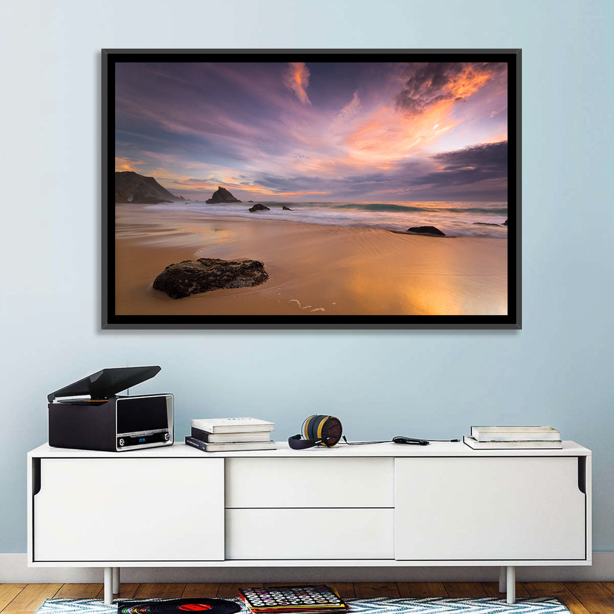 Adraga Beach Sunset Wall Art in a room, landscape