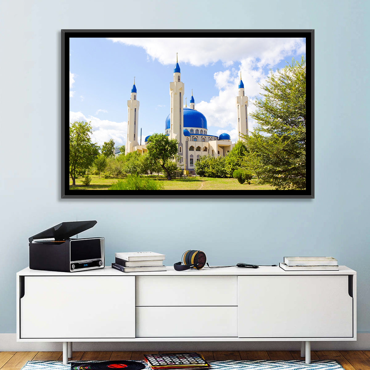 Blue Domed Mosque with Golden Minarets Wall Art in a room, landscape