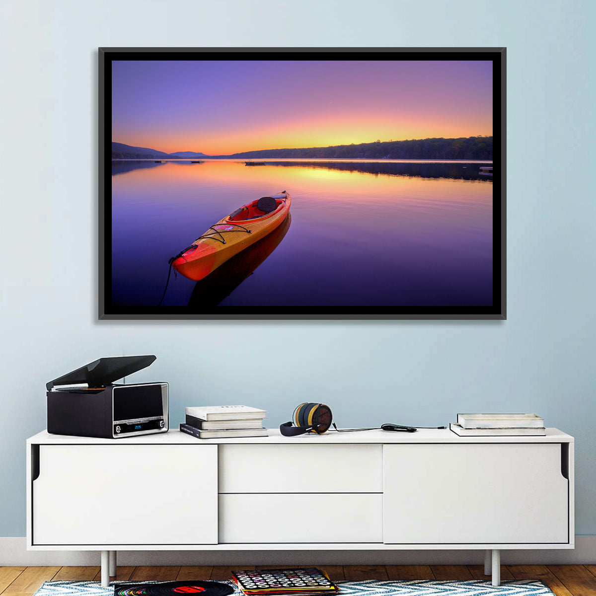 Bright Orange Kayak at Sunset Wall Art in a room, landscape